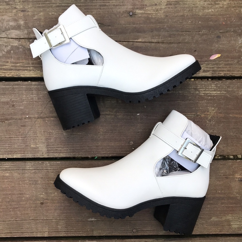 White Cutout Buckled Heel Booties